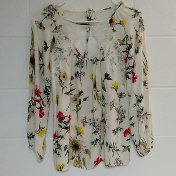 INTRO LIGHTWEIGHT LONGSLEEVE BRIGHT FLORAL LACE COTTAGECORE PEASANT SHIRT - Picture 7 of 7